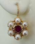 14k Pearl, Ruby and Diamond Blossom Earrings (.06ct)