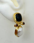 14k Arnsworth Castle Onyx, Pearl and Garnet Earrings