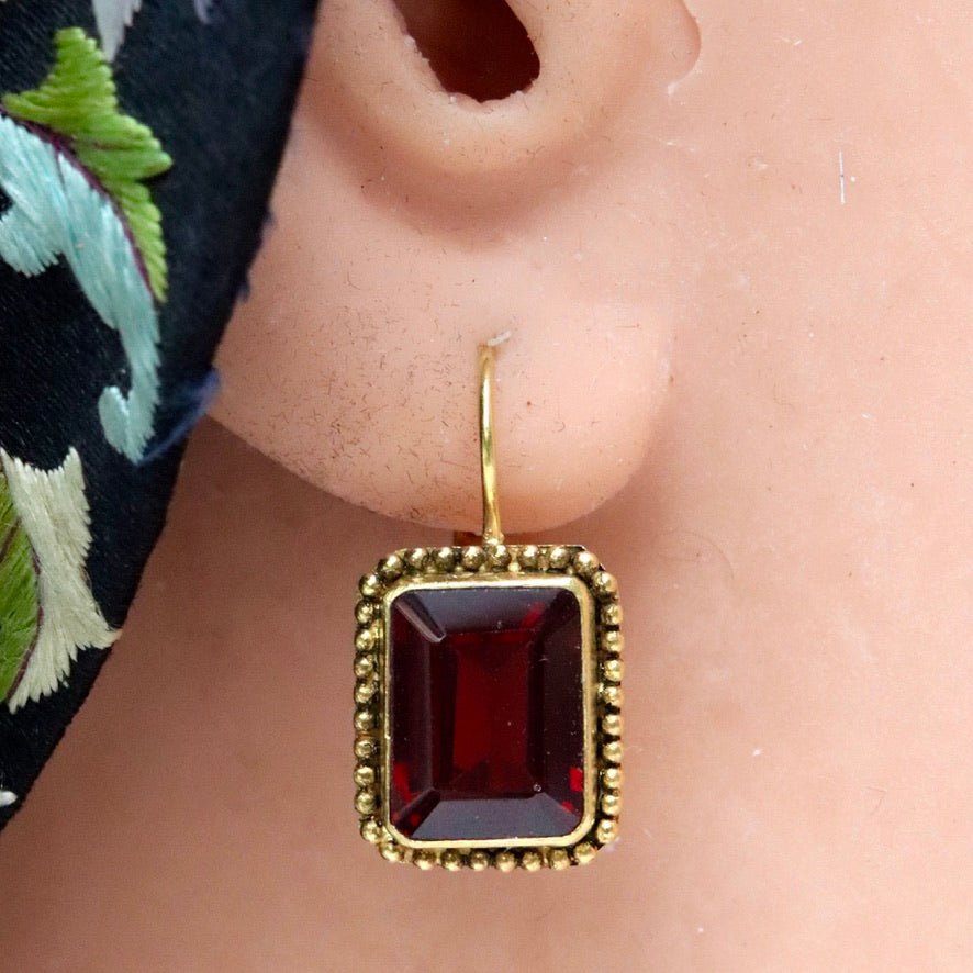 14k Emerald Cut Garnet Granulated Earrings Museum of Jewelry