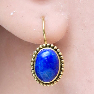 14k Granulated Classic Cabochon Lapis Lazuli Earrings