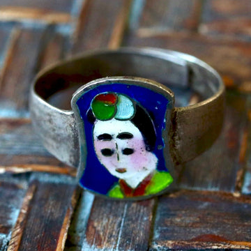 Antique Qing Dynasty Silver Enamel Ring with Face