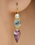 Ellen Terry 14k Gold, Amethyst, Blue Topaz and Pearl Earrings