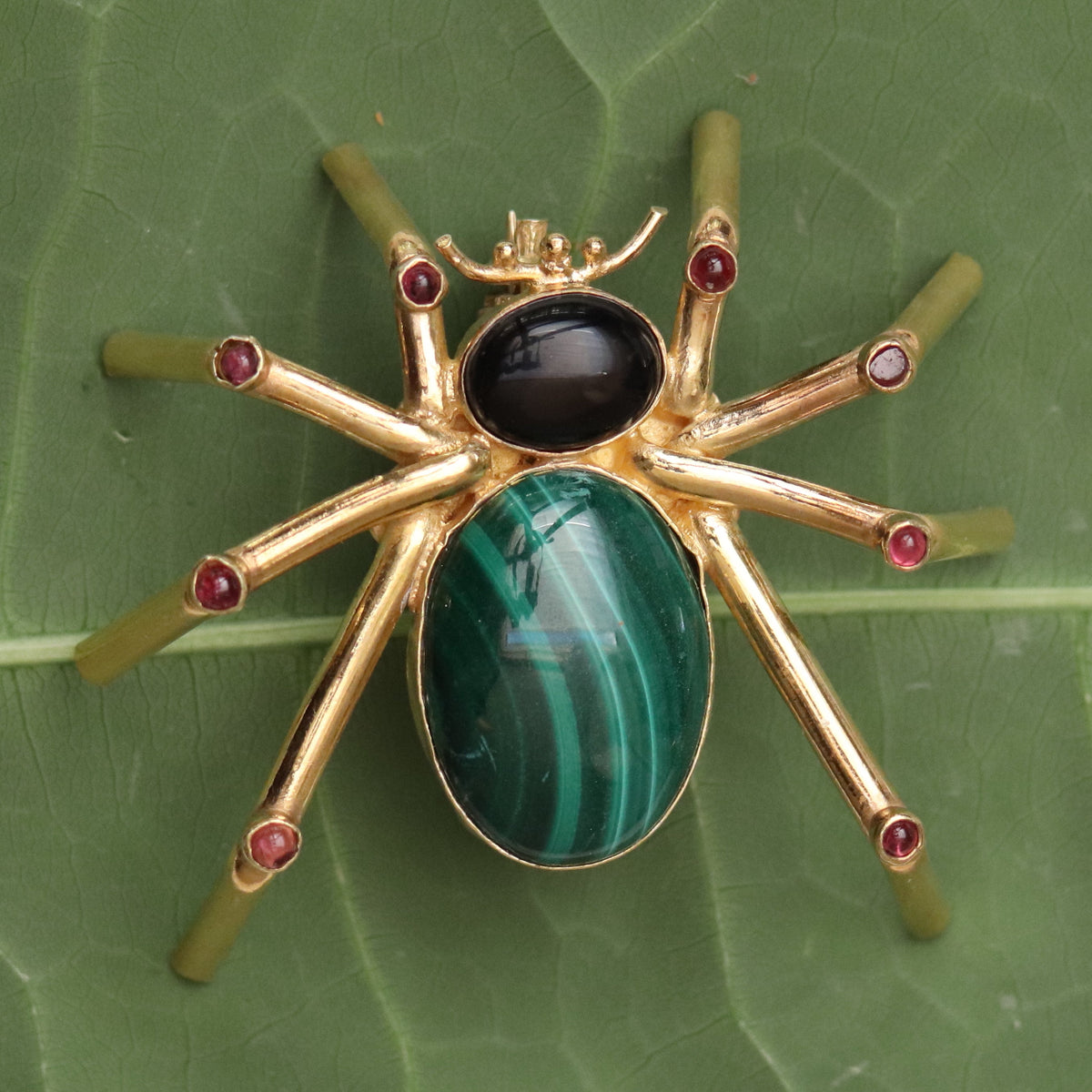 Authentic STERLING SILVER MALACHITE Spider Pin/Brooch