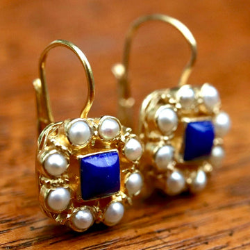Mediterranean 14k Gold, Lapis and Pearl Earrings