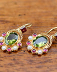 Sotherby 14k Gold, Peridot, Garnet and Pearl Earrings