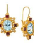 Trafalgar Blue Topaz, Garnet and Pearl Earrings