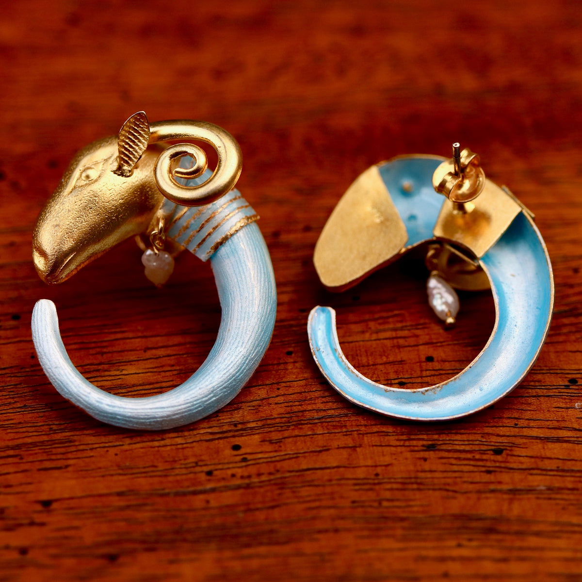 Vintage Laurel Burch Assyrian Ram s Head Sky Blue Earrings Museum of Jewelry