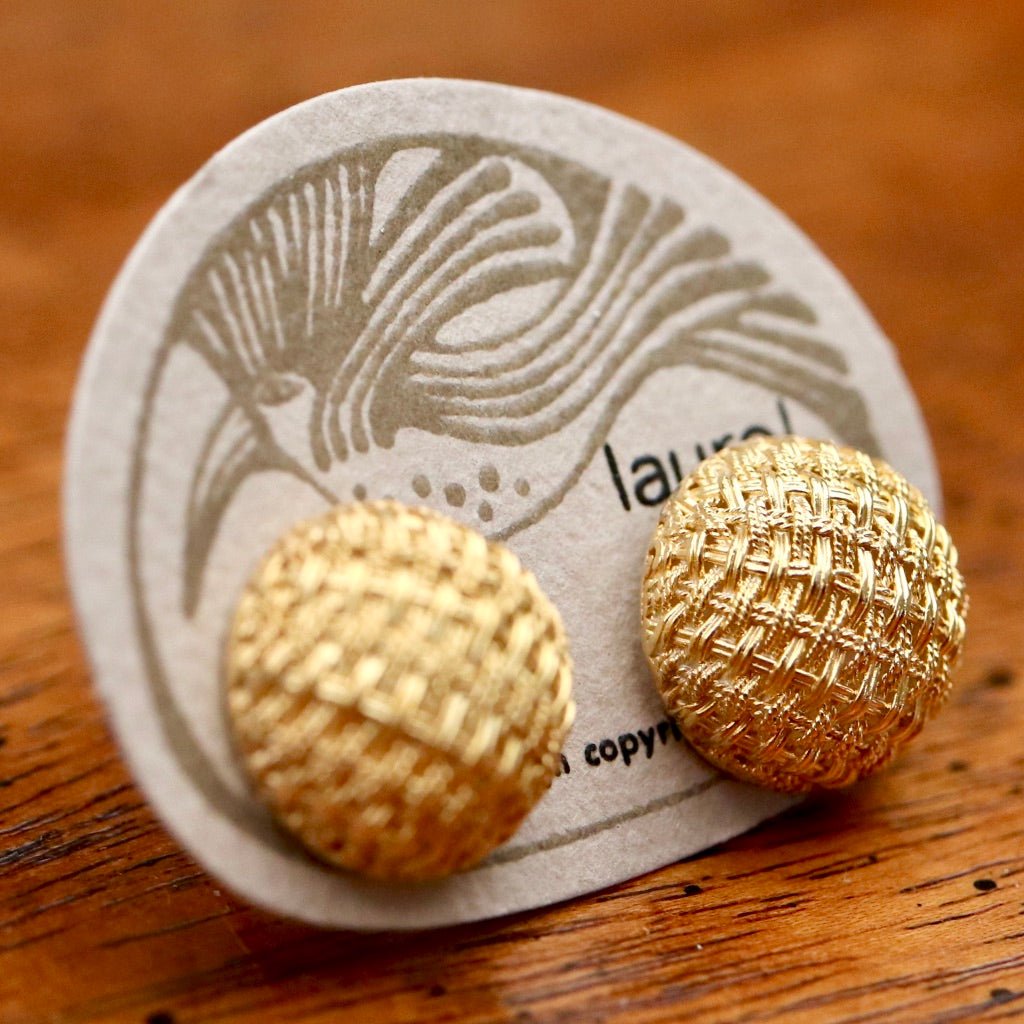 Vintage Laurel Inc. Basket Weave Round Gold Plate Silver Earrings