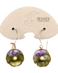 Vintage Shashi Pansy Flower Dangles, Green Enamel