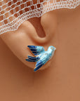 Vintage Thousand Flowers Blue Bird Gold-Vermeil Studs