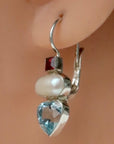 Fanny Kemble Blue Topaz, Freshwater Pearl and Rhodolite Garnet Silver Earrings