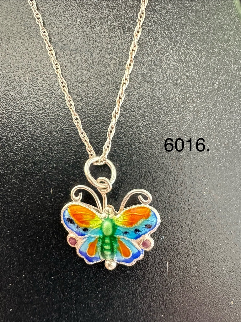 SILVER ENAMEL BUTTERFLY NECKLACE, RST/SKY