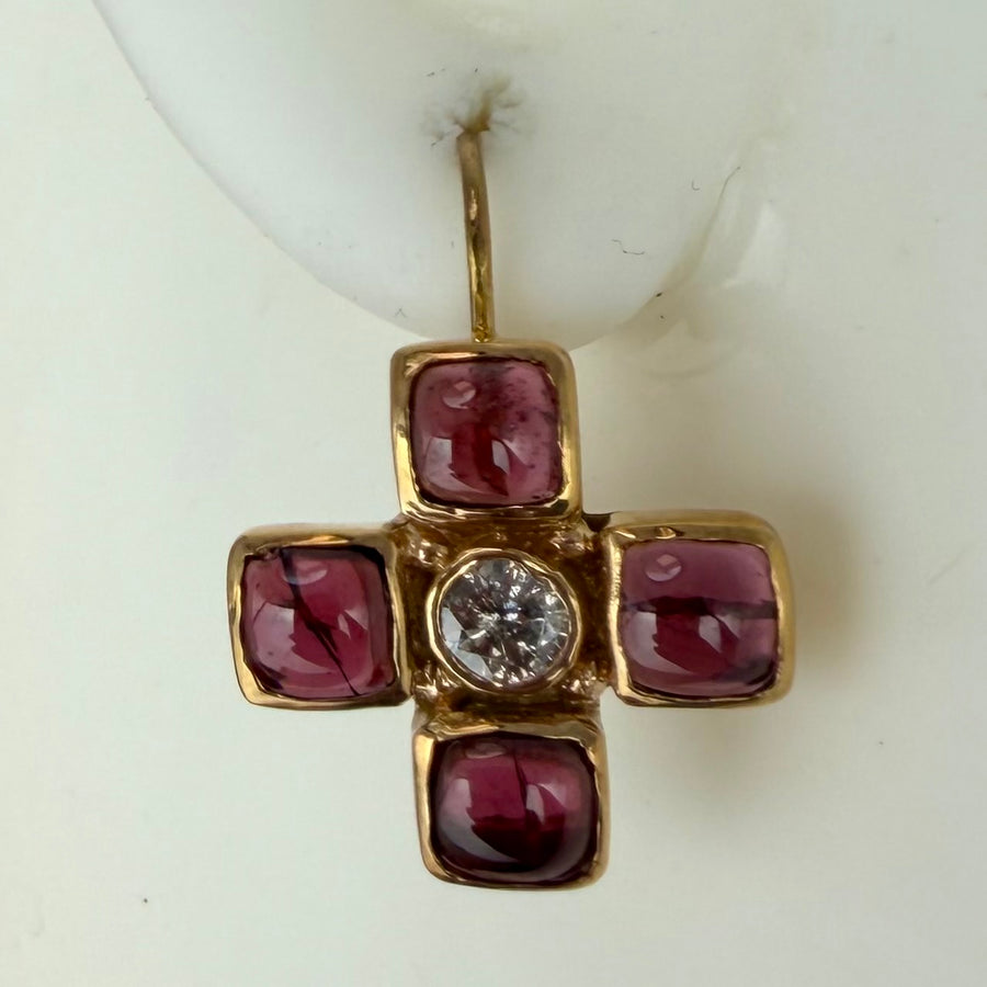 カンタベリーK14ゴールド、ガーネット、ダイヤモンドクロスピアス 