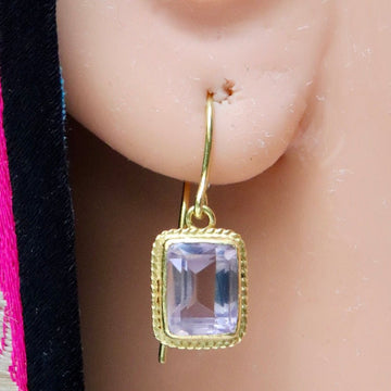 14k Amethyst Emerald Cut stone earring with rope like setting.