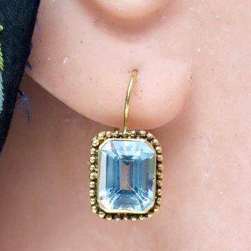 14k Emerald Cut Blue Topaz Earrings