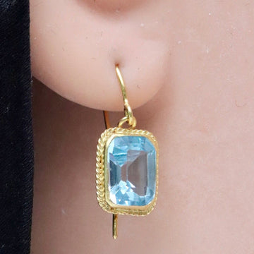 14k Emerald Cut Filigree Blue Topaz Earrings