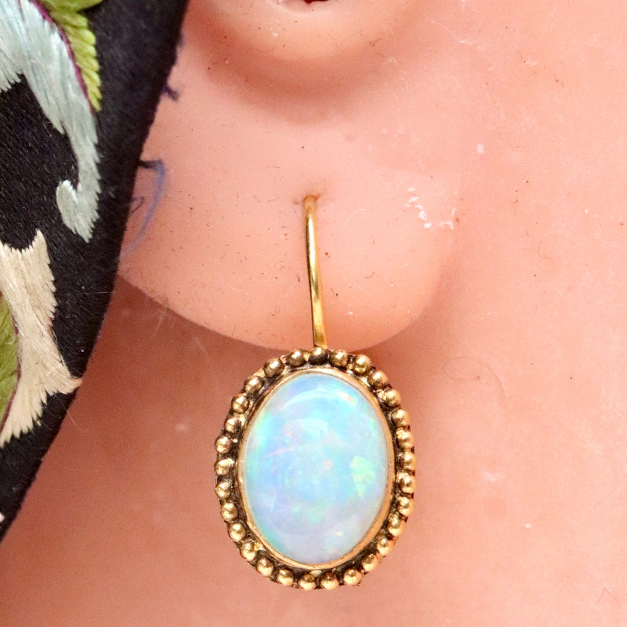 14k Granulated Classic Cabochon Opal Earrings