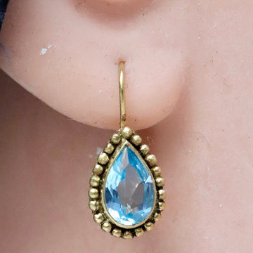 14k Granulated Teardrop Blue Topaz Earrings
