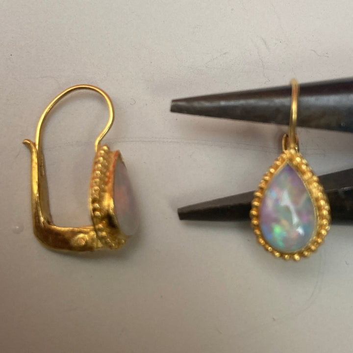 14k Granulated Teardrop Opal Earrings