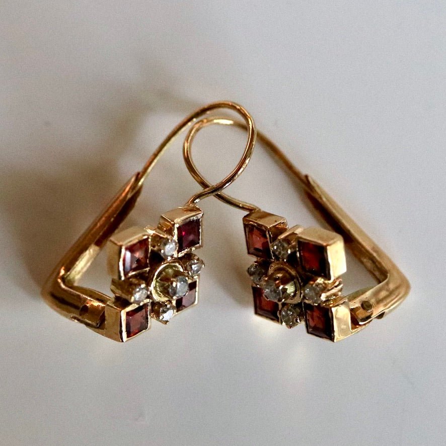 Admiralty Arch 14k Gold, Garnet and Diamond Earrings