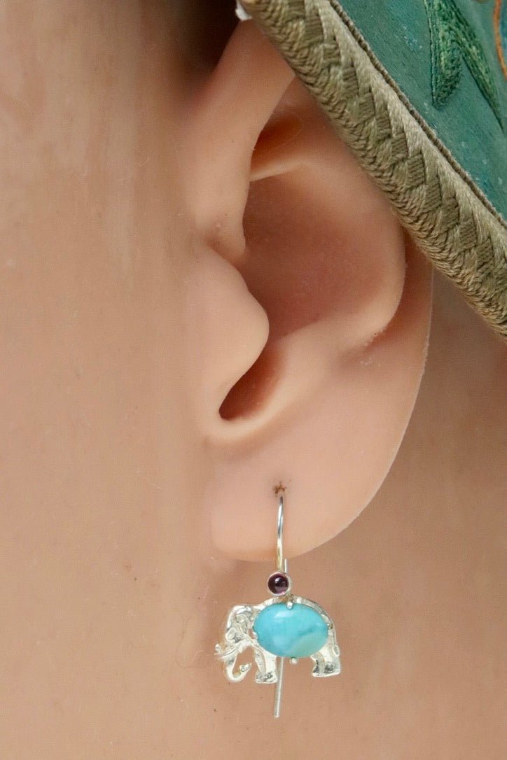 Andhra Elephant Silver Turquoise Earrings