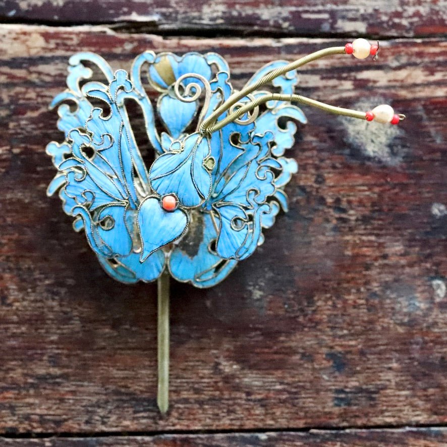 Antique Tian-Tsui (點翠) Hair Pin - Butterfly/Moth - 1034