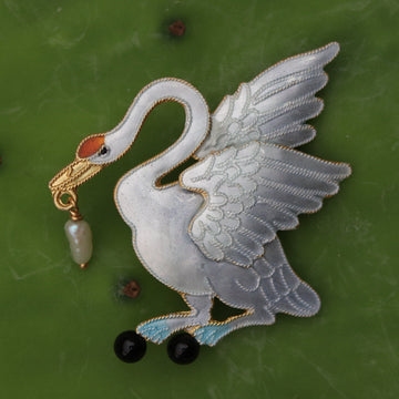 Beautiful Swan Pearl and Onyx Brooch
