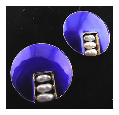 Blue Pearl Deco Enamel Earrings
