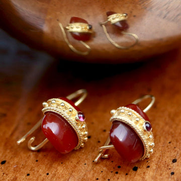 Red Carnelian Gold Earrings W Dangle Flower Charm Hand Made -  Norway