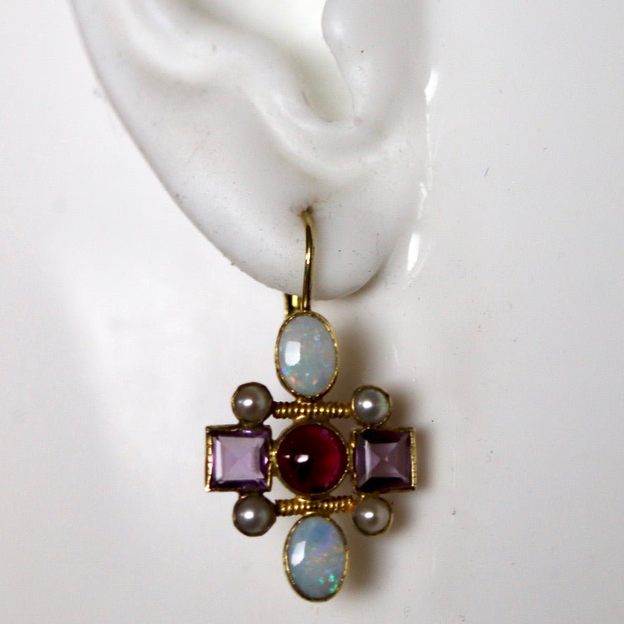 Cellini Cross 14k Gold, Garnet, Amethyst, Opal and Pearl Earrings
