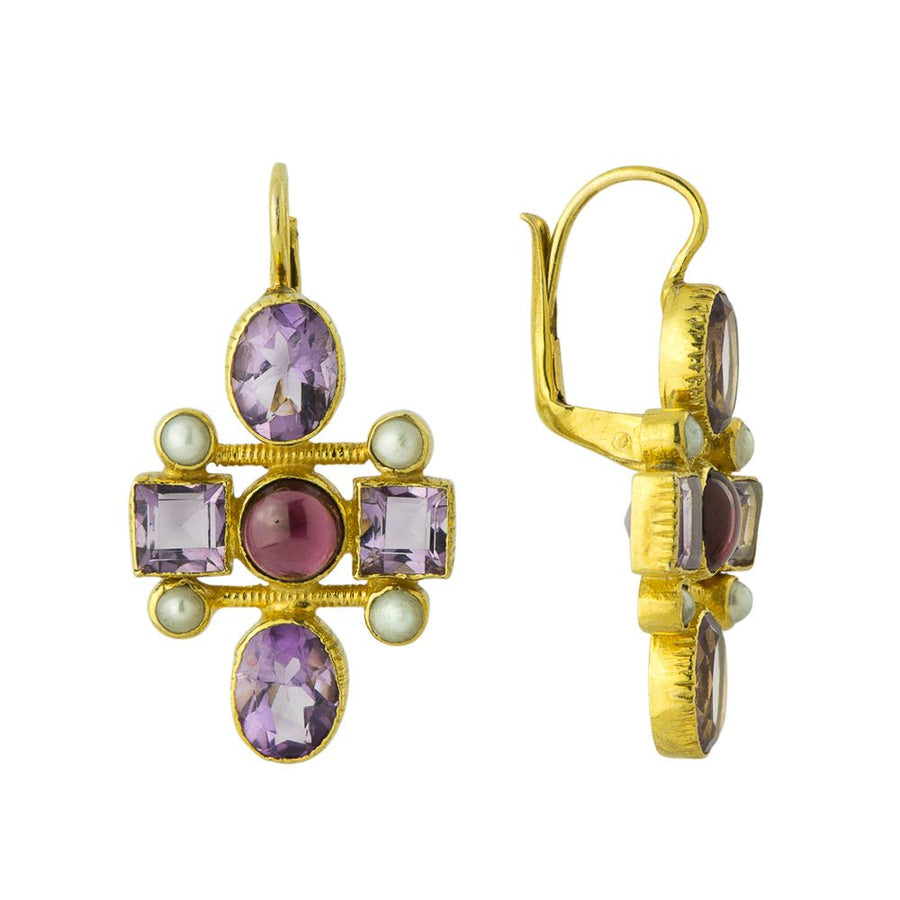 Cellini Cross Amethyst, Garnet and Pearl Earrings
