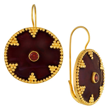 Cheshire Disc Garnet on Brown Enamel Earrings