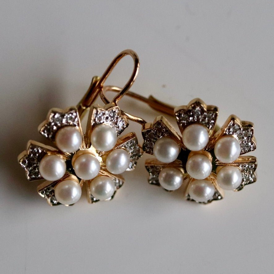 Crest 14k Gold, Diamond and Pearl Earrings