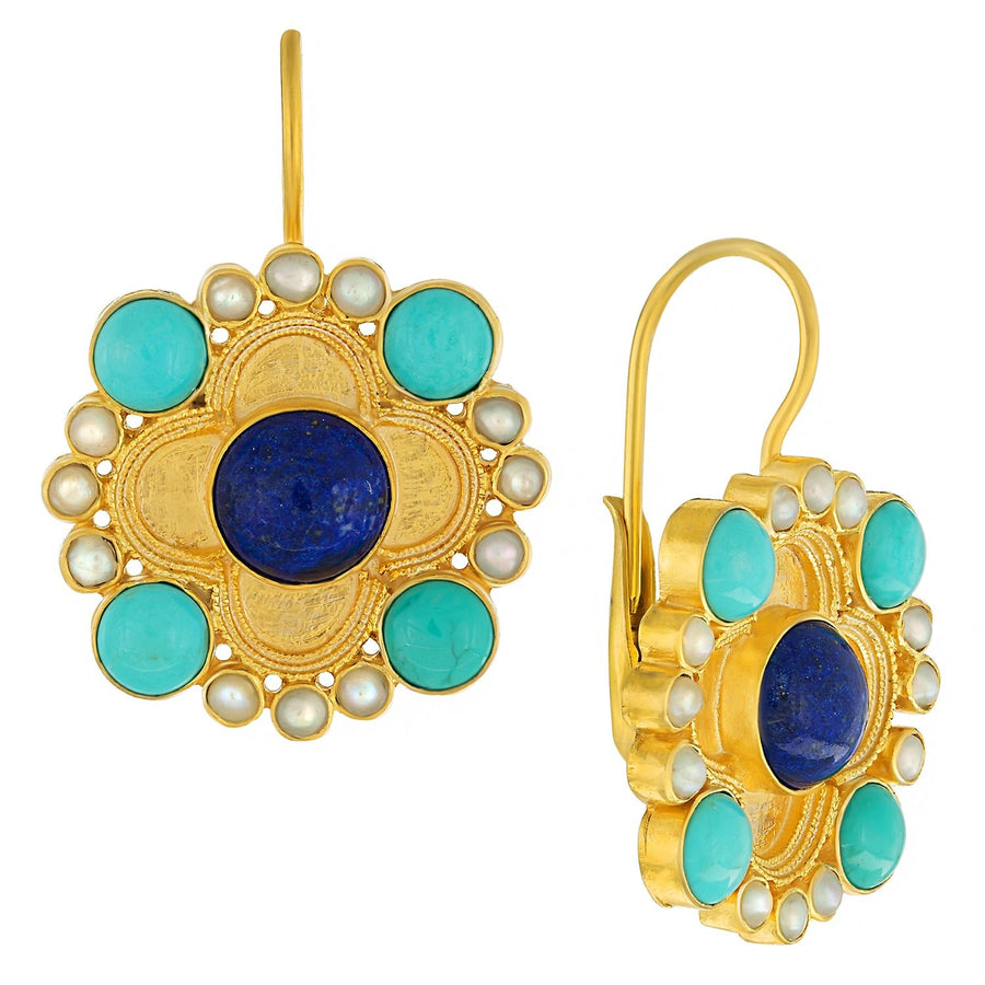 Duchess Of Alba Lapis, Turquoise and Pearl Earrings