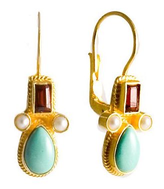 Eleanora Duse Turquoise, Garnet and Pearl Earrings