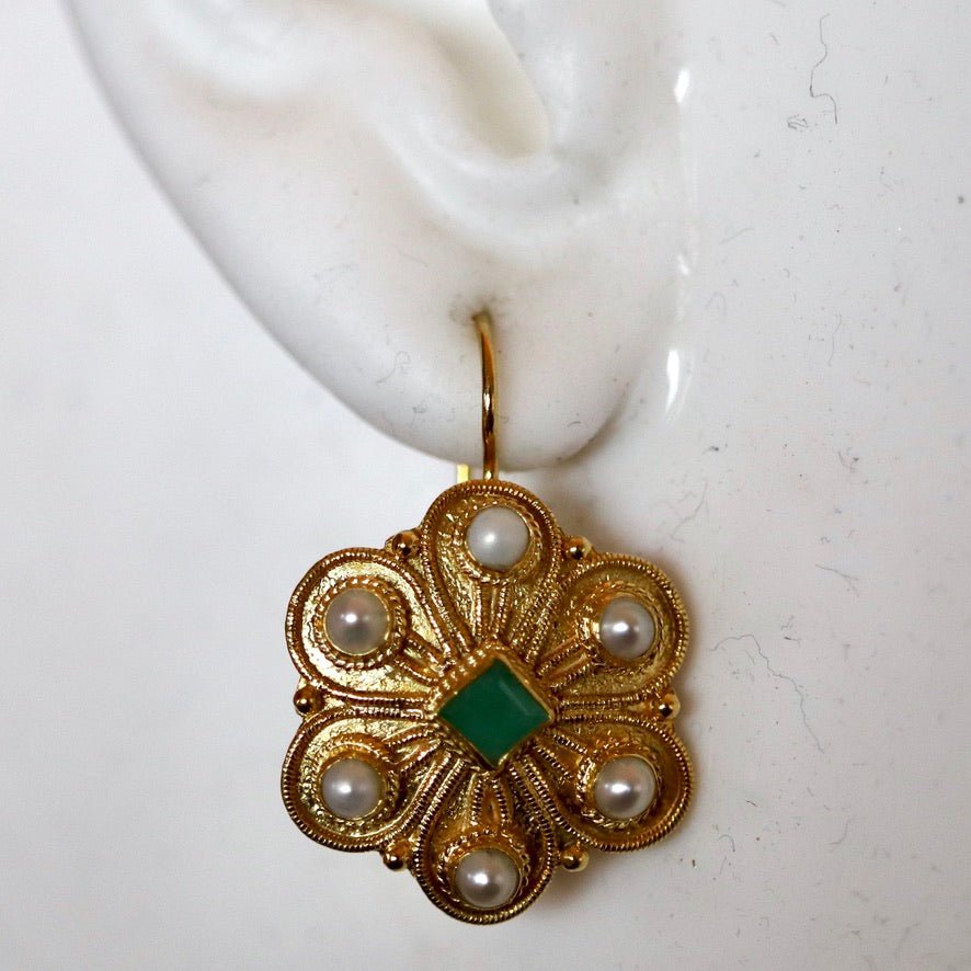 Elizabeth Gaskell 14k Gold, Emerald and Pearl Earrings