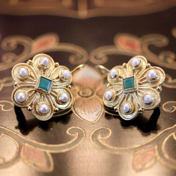 Elizabeth Gaskell 14k Gold, Emerald and Pearl Earrings