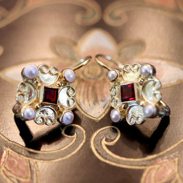 Elizabethan 14k Gold, Garnet and Pearl Earrings