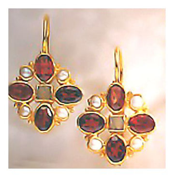 Florentine Cross Aventurine, Garnet and Pearl Earrings