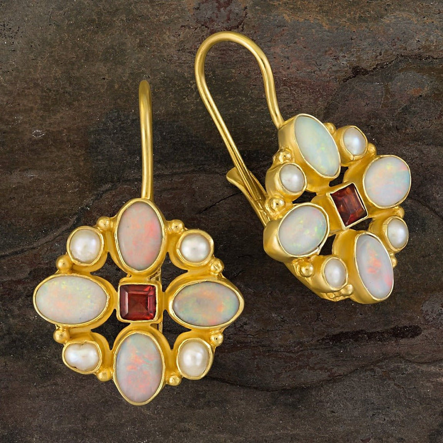 Florentine Cross Garnet, Australian Opal and Pearl Earrings