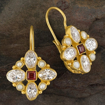 Florentine Cross Garnet, Cubic Zirconia and Pearl Earrings