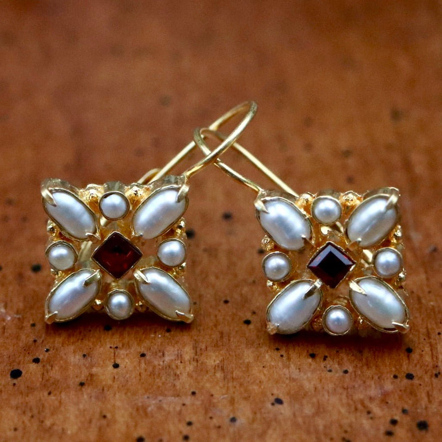 Florentine Cross Pearl and Garnet Earrings