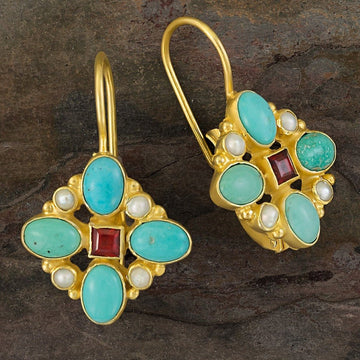 Florentine Cross Turquoise, Pearl and Garnet Earrings