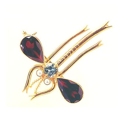 Garnet, Blue Topaz and Pearl Dragonfly Pin