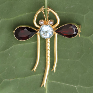 Garnet, Blue Topaz and Pearl Dragonfly Pin