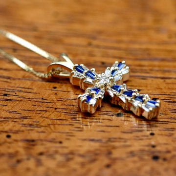 Heavenly Cross 14k Gold, Sapphire and Diamond Necklace