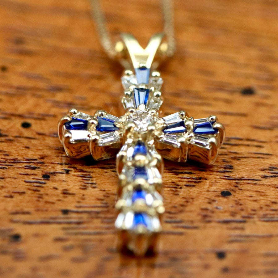 Heavenly Cross 14k Gold, Sapphire and Diamond Necklace