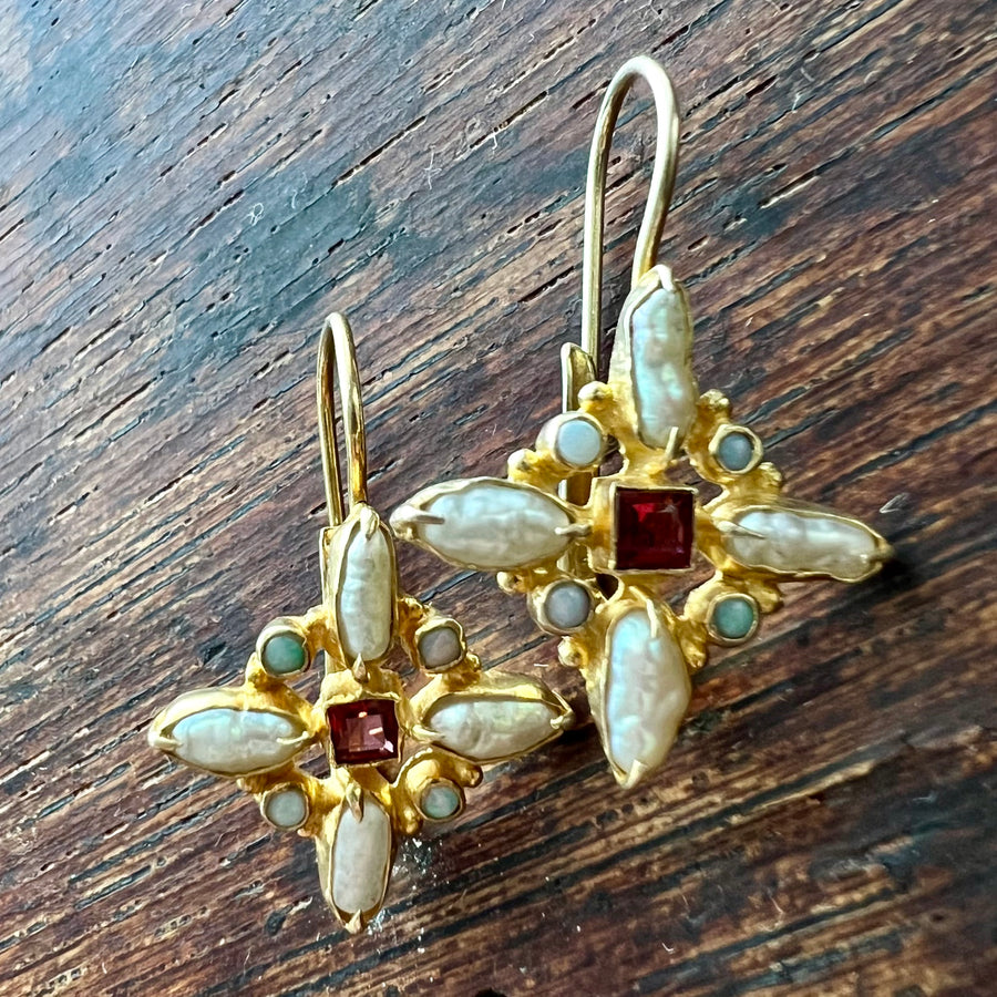 Florentine Cross Garnet, Pearl and Opal Earrings