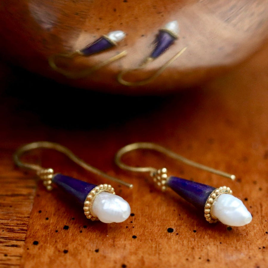Jane Foole Royal Blue Enamel and Pearl Earrings