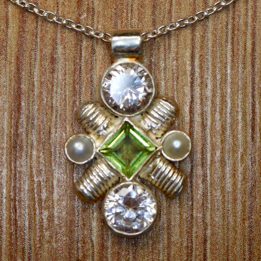 Jenny Lind Cubic Zirconia, Peridot and Pearl Silver Necklace